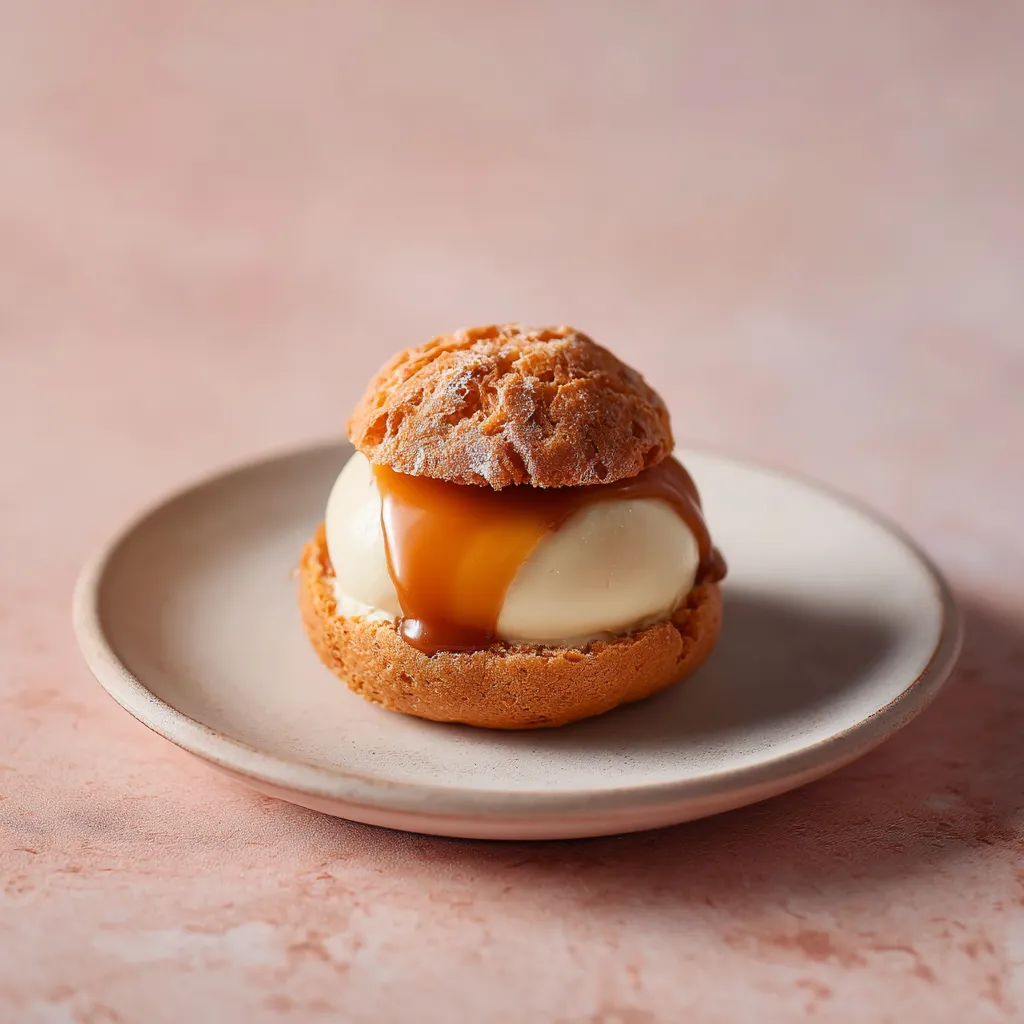 [2547] Chou craquelin, Mousseline vanille, Caramel coulant