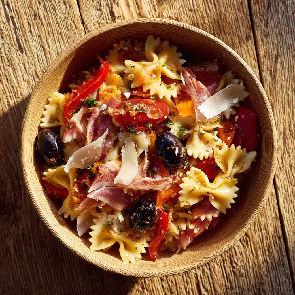 [6812] Fraich'Bol Basque (Farfalles, jambon de Bayonne, tomates, piquillos, Ossau-Iraty, olives noires), pesto Rosso (piment d'Espelette)