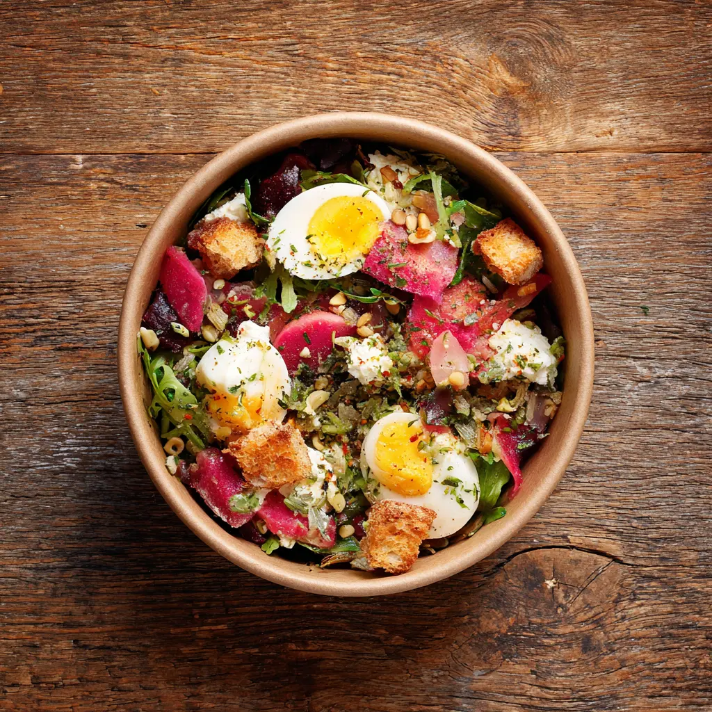 [6814] Fraich'Bol Lyonnais (Mini Serpentini, salade, tomate, lardon, croûtons, œuf poché), vinaigrette oignon persil