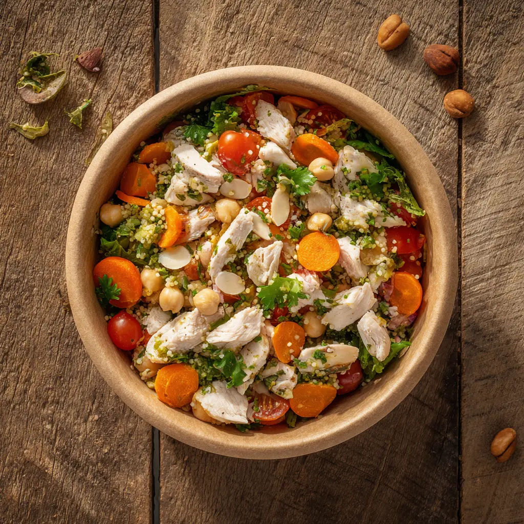 Fraich'Bol Oriental (semoule, poulet, tomates marinées, carottes, pois chiches, amandes, coriandre), sauce épices