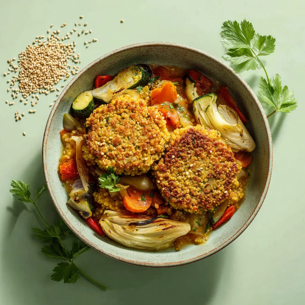 Galette boulgour et lentille corail, fenouil étuvé et poélée de légumes