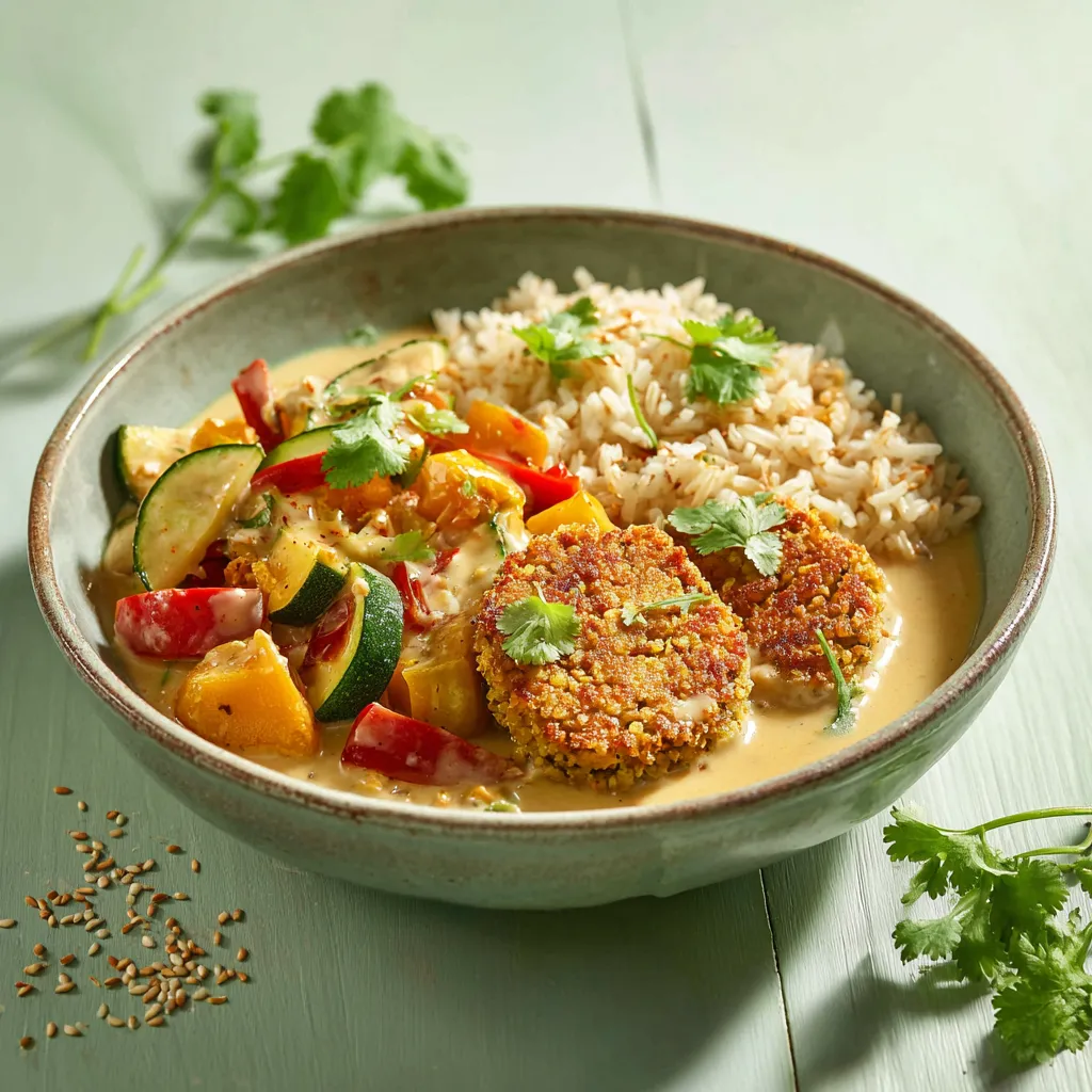 [5944] Galette boulgour et lentilles corail sauce curry, Riz basmati et petits légumes