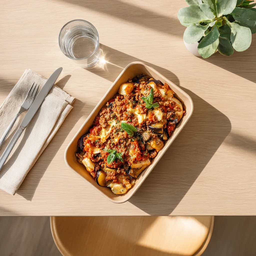 [5463] Moussaka revisitée (Boeuf haché, Sauce tomate, Aubergine, Oignon, Pomme de terre, Aromates)