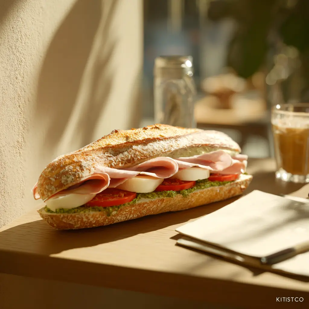 [6885] Pique -Mie "l'Italien"(Baguette sandwich, jambon, mozzarella, pesto, tomates)