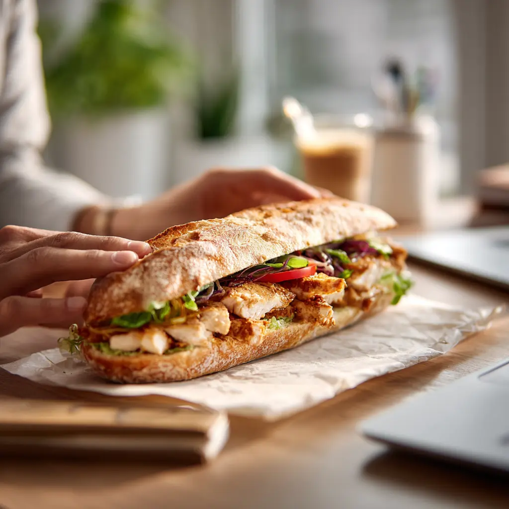 [6883] Pique -Mie "Le Méridional" (baguette sandwich, poulet rôti, sauce tomatade, légumes grillés)