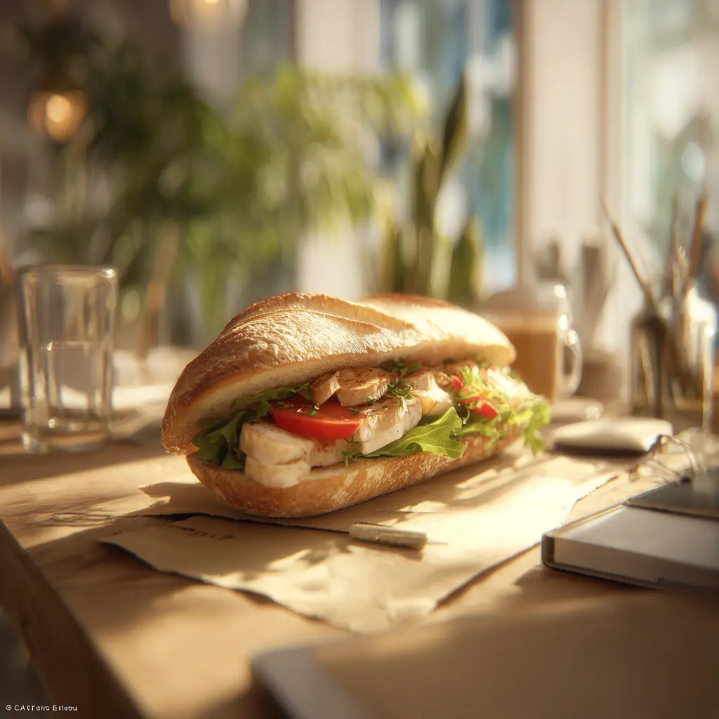 [6408] Pique -Mie "Romain" (baguette sandwich, poulet, tomates, mozzarella, tapenade, salade)