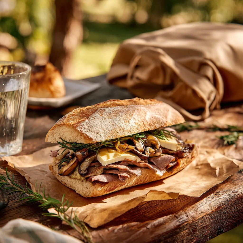 [6160] Pique -Mie "Rosbeef" (pain Ciabatta , rôti de bœuf, champignons cuits, oignons cuits, brie, moutarde à l'ancienne)