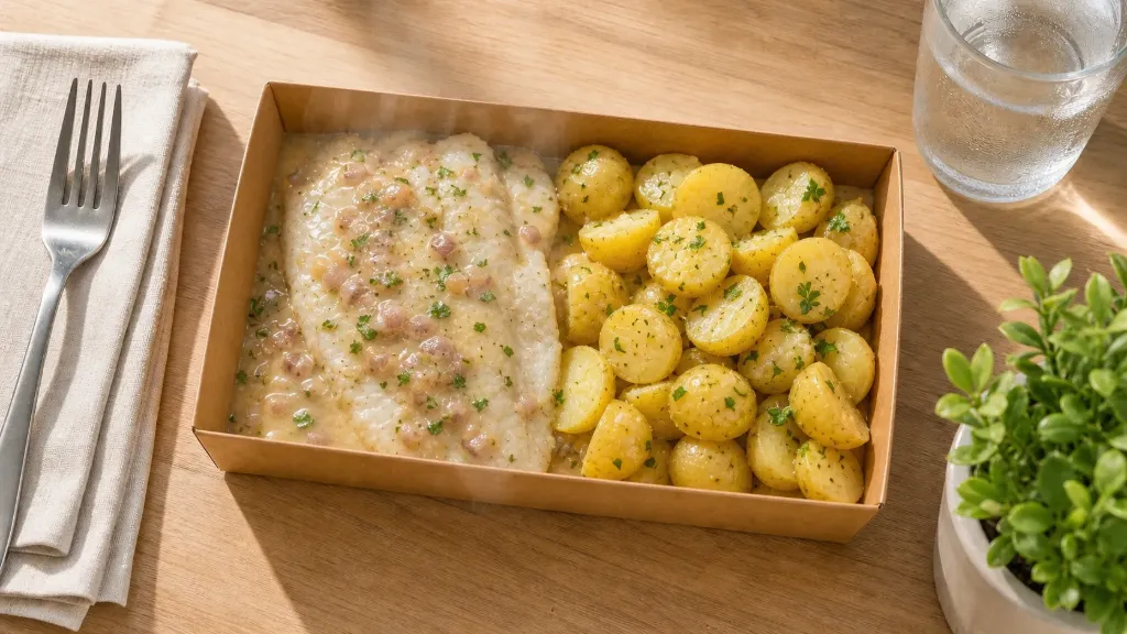 [3457] Poisson du jour ( lieu noir ) crème d'échalote, pomme de terre vapeur