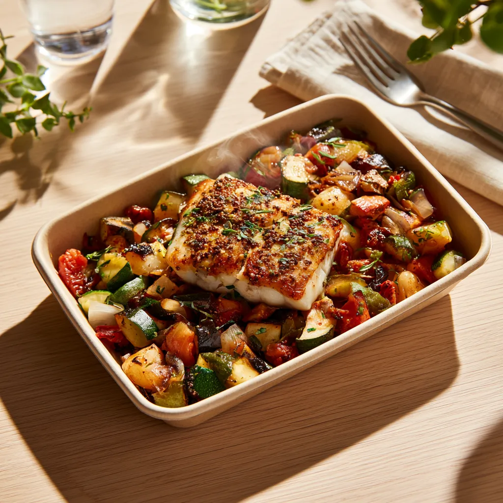 [2455] Poisson du jour ( lieu noir ) en croûte de moutarde à l'ancienne ratatouille