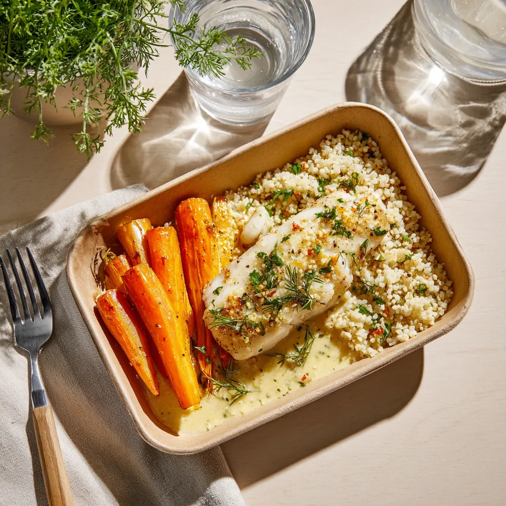 [3297] Poisson du jour (colin) poêlé et sa crème marinière, boulgour pilaf et carottes Vichy