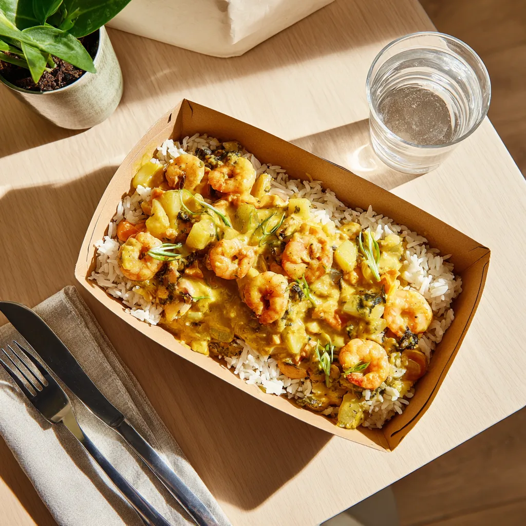 [3218] Poisson du jour (églefin) Curry et crevettes, riz basmati et fondue de poireaux