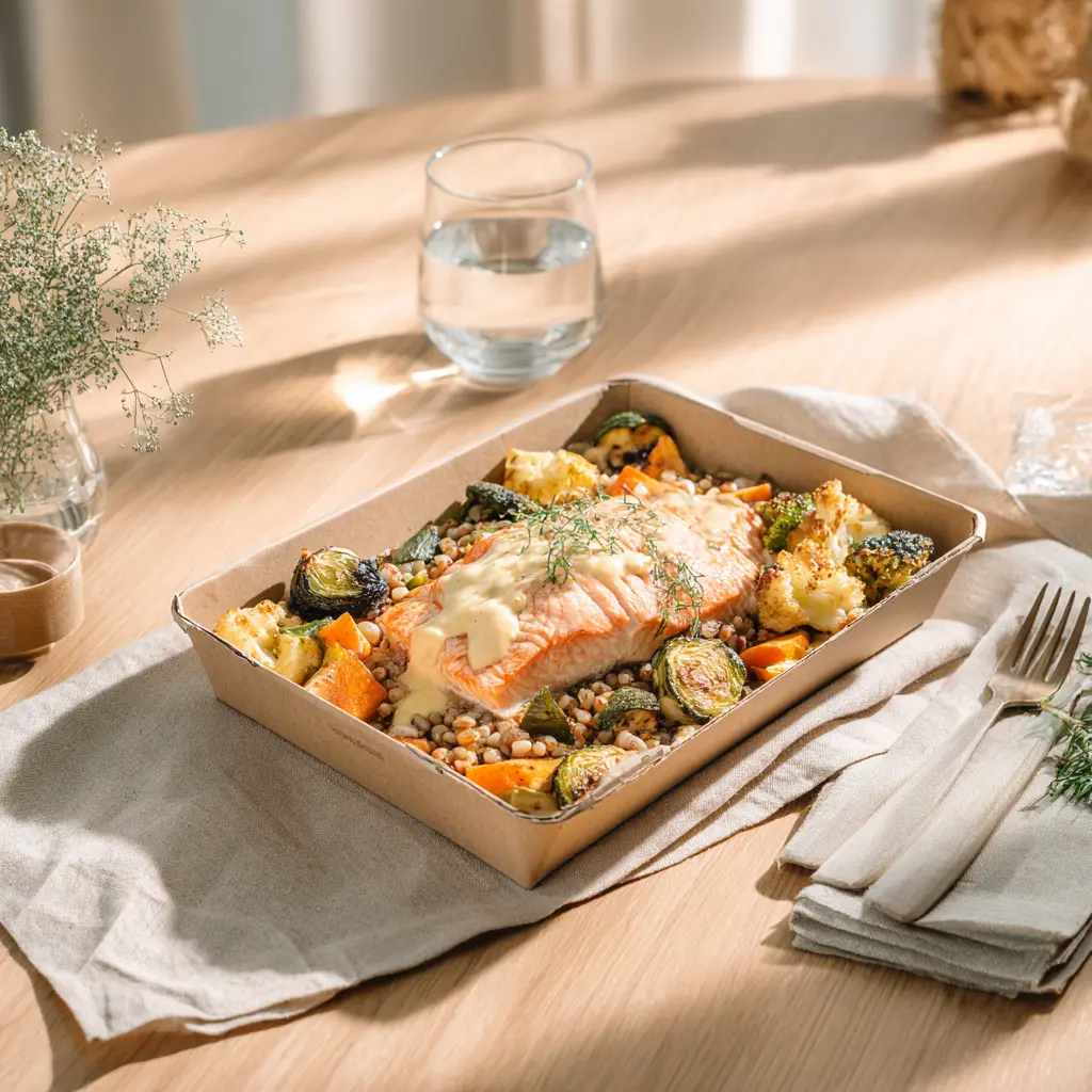 [4285] Poisson du jour (saumon) crème nantaise, Céréales gourmandes et légumes rôtis