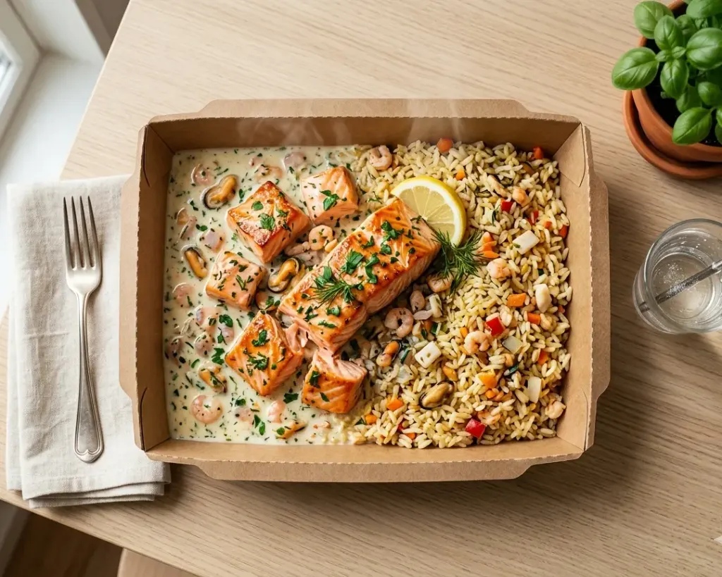 [2677] Saumon, crème marinière et riz pilaf aux fruits de mer