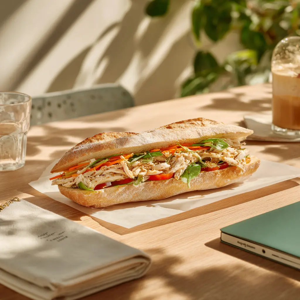 [8015] Pique -Mie "Asiatique " (baguette sandwich, poulet, sauce asiatique, carotte, salade, tomate)